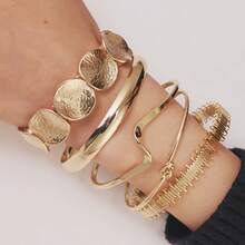 5pcs Vintage Exaggerated Luxury Geometric Design Wide Metal Gold Bangle Set, Suitable For Everyday Wear And Gifting - Silver - View 1