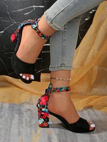 Sandali con tacco largo e comodi da donna, con tacco chunky, punta aperta, scarpe casual, versatili e adatte per abiti e feste, taglie comode, elementi essenziali per l estate - nero - Visualizzare 5