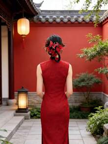 5pcs/Set New Chinese Style Bridal Headpiece, Suitable For Qipao, Hanfu, Wedding Dress, Red Floral & Butterfly Hair Accessories, Retro TPR (Thermoplastic Rubber) Duck Clip, Suitable For All Seasons,Summer,Beach - Red - View 2