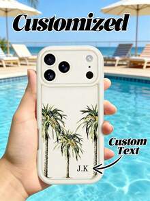 Étui de téléphone personnalisé avec palmier, coque de protection personnalisée avec lettres, style tropical d'été antichoc. Étui de téléphone esthétique quotidien, convient aux amateurs de plage. Étui de protection de téléphone personnalisé pour vacances, compatible avec iPhone 11/12/13/14/15/16 Pro Max - Blanc - Voir 1