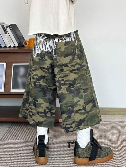 1pc American Streetwear Style Men's Embroidered Patchwork Multi-Pocket Wide Leg Relaxed Fit Casual Jeans Shorts (Belt And Accessories Not Included)