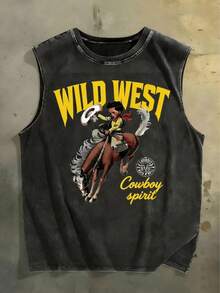 Retro Western Cowboy Sleeveless Vest Washed Cotton Breathable Fabric, Comfortable For Outdoor Wear Unisex American Street Style - 黑色1 - 查看 1