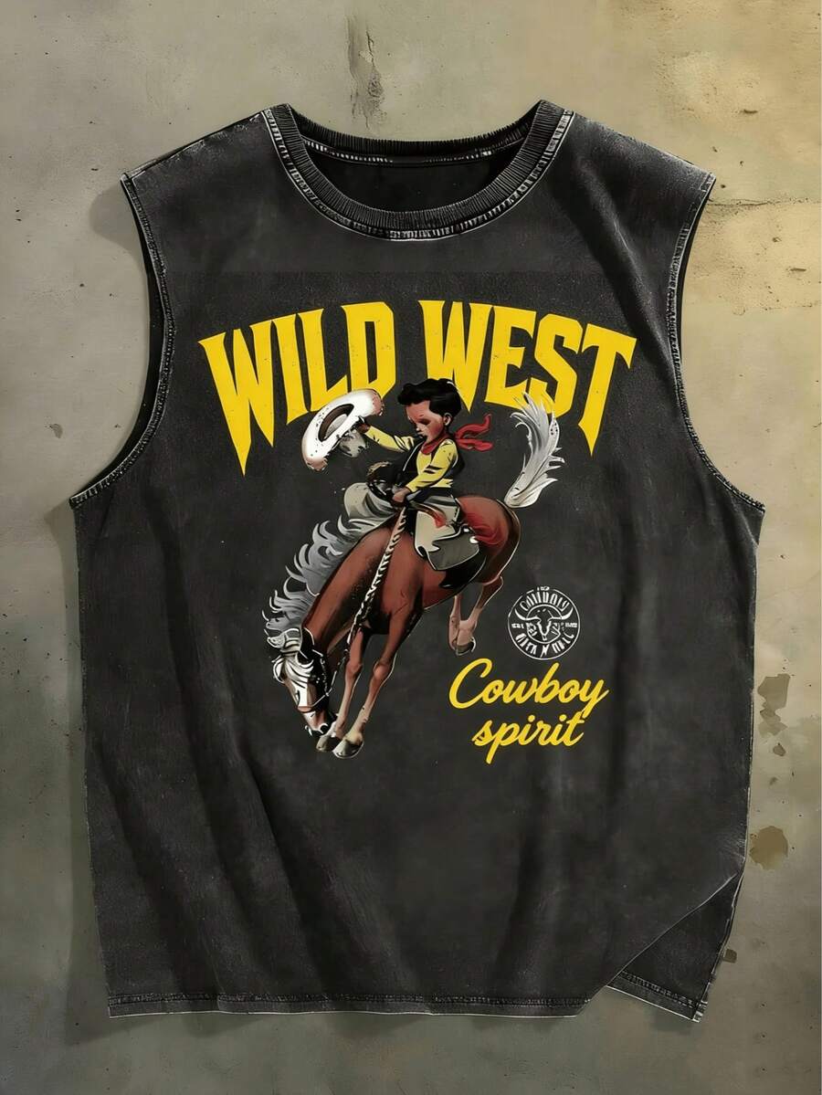 Retro Western Cowboy Sleeveless Vest Washed Cotton Breathable Fabric, Comfortable For Outdoor Wear Unisex American Street Style - 黑色1 - 查看 1