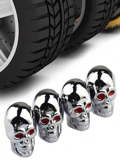 4pcs Skull Shaped Tire Valve Caps, Decorative Accessories For Car, Motorcycle, Bicycle