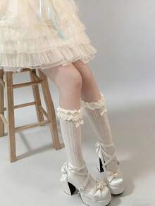 1 đôi tất dài đến bắp chân kiểu Nhật Bản viền ren, tất mỏng dài kiểu Lolita, họa tiết Gothic Lolita thanh lịch, thời trang mặc hàng ngày. - Nhiều màu - Xem 5