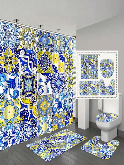 1 Set/4 Pcs Bohemian Art Polyester Shower Curtain Set, Machine Washable, Suitable For All Seasons, No Lining, Woven Fabric, Includes Hooks, Toilet Lid Cover, U-Shaped Mat, Floor Mat, Colorful Floral Pattern, Retro Moroccan Style