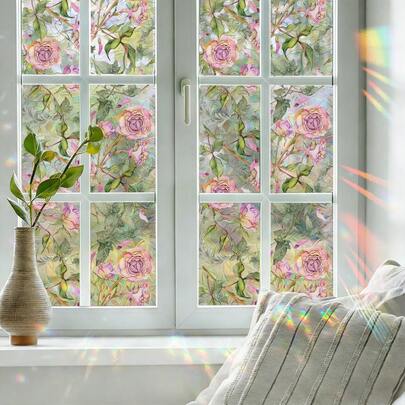 1/6片清新花卉彩色窗贴，半透明隐私膜，可重复使用且无需胶水，彩虹效果，适用于窗户、厨房、阳台和夏季家居装饰。