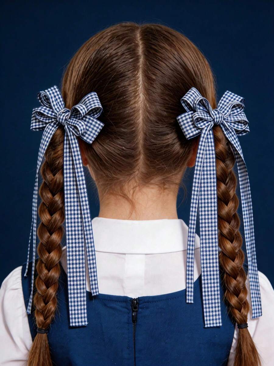 2 piezas Clips para el cabello con lazo a cuadros de dos tonos, adecuados para uso diario - azul real - Ver 1