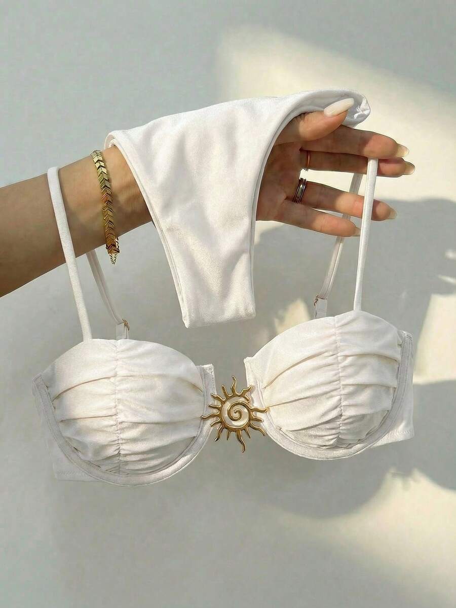 Bikinx Metallic Solid Color Sexy Bikini Swimwear Set For Women, Suitable For Summer Beach Vacation White