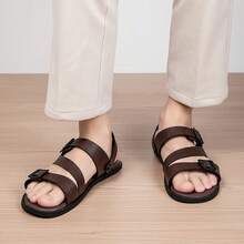 Men's Summer Essential Double Buckle Sandals, Non-Slip Flat Adjustable Strap Versatile Sandals With Anti-Slip Tread - Dark Brown - View 2
