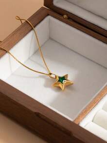 1件镀金绿色CZ钻石3D星星吊坠蛇骨链项链，Y2K可爱星星吊坠项链，适合女性日常、办公室、派对、生日、毕业典礼佩戴 - 金色 - 查看 13