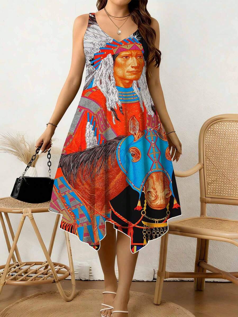 Women V Neck Irregular Hem Dress With Chief And Horse Print Bohemian Style Summer Casual Wear For Beach Vacation And Festival Suitable For Leisure Sports Wearing - 彩色 - 查看 1