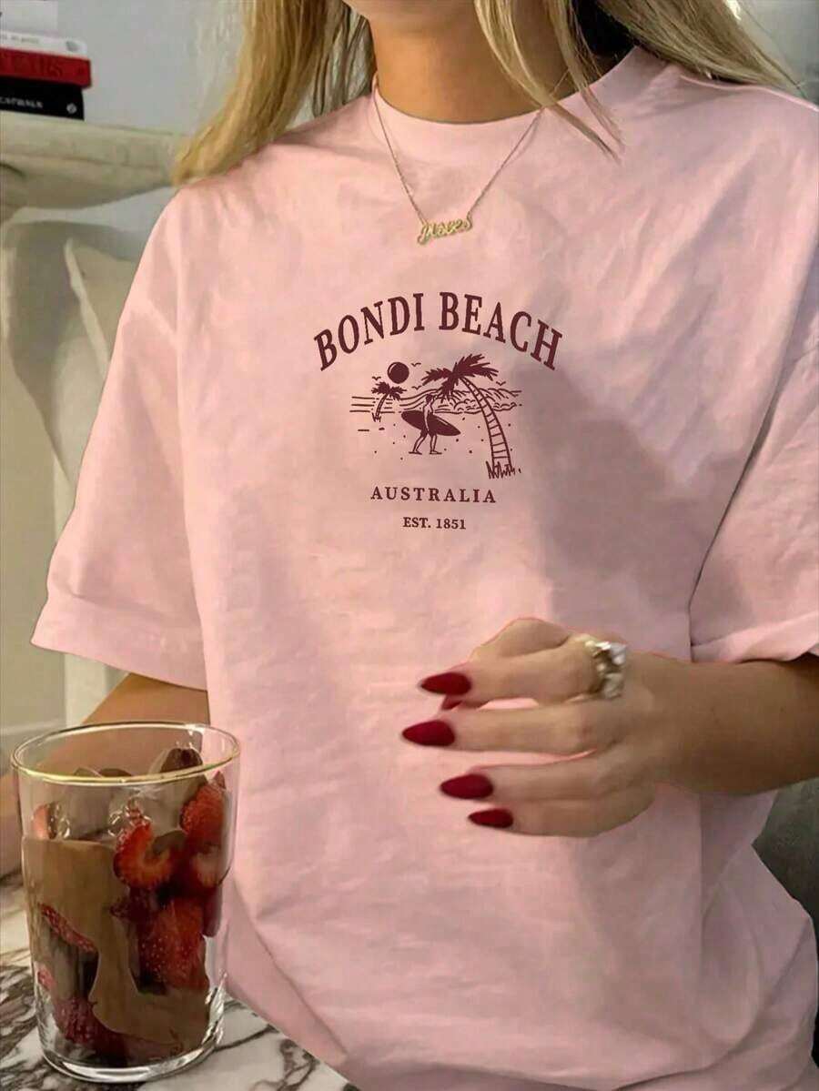 Women's Short-Sleeved T-Shirts, Casual Style, Loose Fit, With Australian Bondi Beach Print, For Everyday Street Wear, Cute Beach T-Shirts, Summer T-Shirts For Women, Summer Going-Out T-Shirts, White T-Shirts For Women, For Vacation. - 粉色 - 查看 1