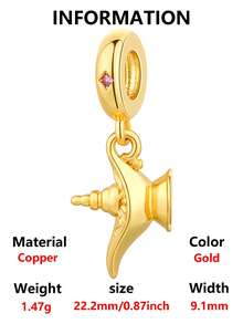 1pc Fashionable Exquisite Golden Zirconia Genie Lamp Decor Pendant, Symbolizing Dream Come True, Versatile DIY Bracelet Necklace Gift - Yellow Gold - View 5