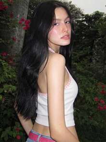 Pakaian Pantai Musim Panas Gaya Seksi dan Menggoda, Atasan Tank Top Leher Halter dengan Bordir Bunga dan Bantalan Dada Tetap - Berwarna merah muda - View 5