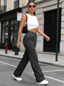Jeans casuales de pierna recta y ajuste holgado para mujer con bolsillos, jeans rectos de moda, pantalones vaqueros holgados de mezclilla lavada, estilo vintage y casual - Negro - Ver 8
