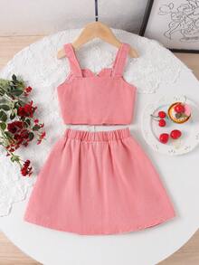 2 Stücke/Set Mädchen Süßer Vintage Kirsche Bestickter ärmelloser Jeansweste und Jeansplisseerock Set, Sommer - Wassermelonenrosa - Übersicht 2