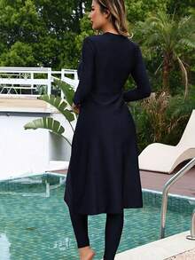 女士保守纯色弹力针织两件套布基尼泳衣，长袖上衣和长裤，适合夏季海滩度假 - 藏蓝色 - 查看 2