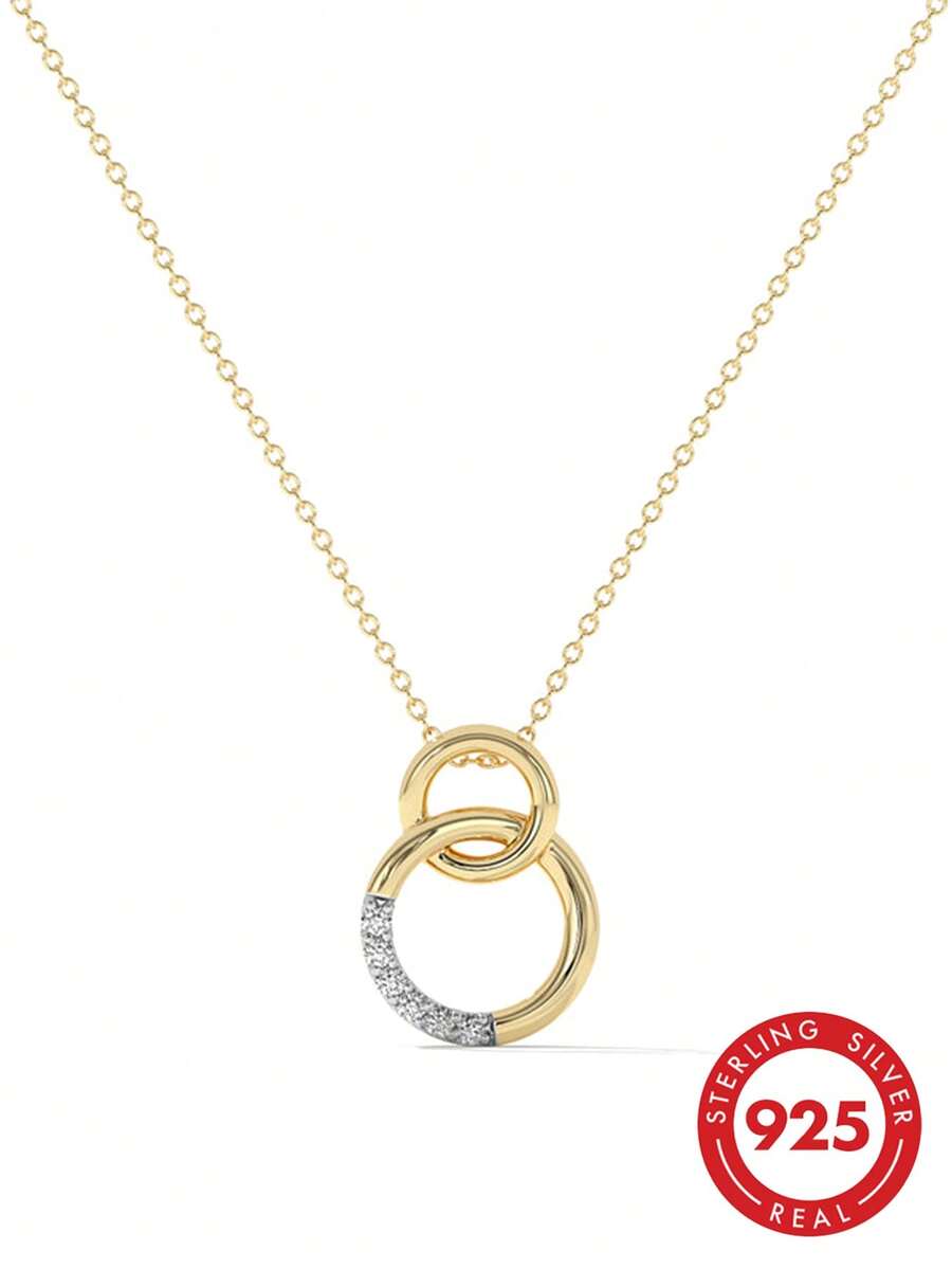 女士奢华优雅S925纯银双环相连立方氧化锆吊坠项链 - Zircon Necklaces - 查看 1