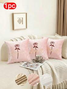1pc Solid Color Velvet Pillow Cover, Embroidered Rose Pattern, Minimalist Plain Dust-Proof Pillow Sham, Removable & Washable, Bedroom Living Room Sofa Decor (Pillow Insert Not Included) - Pink - View 1