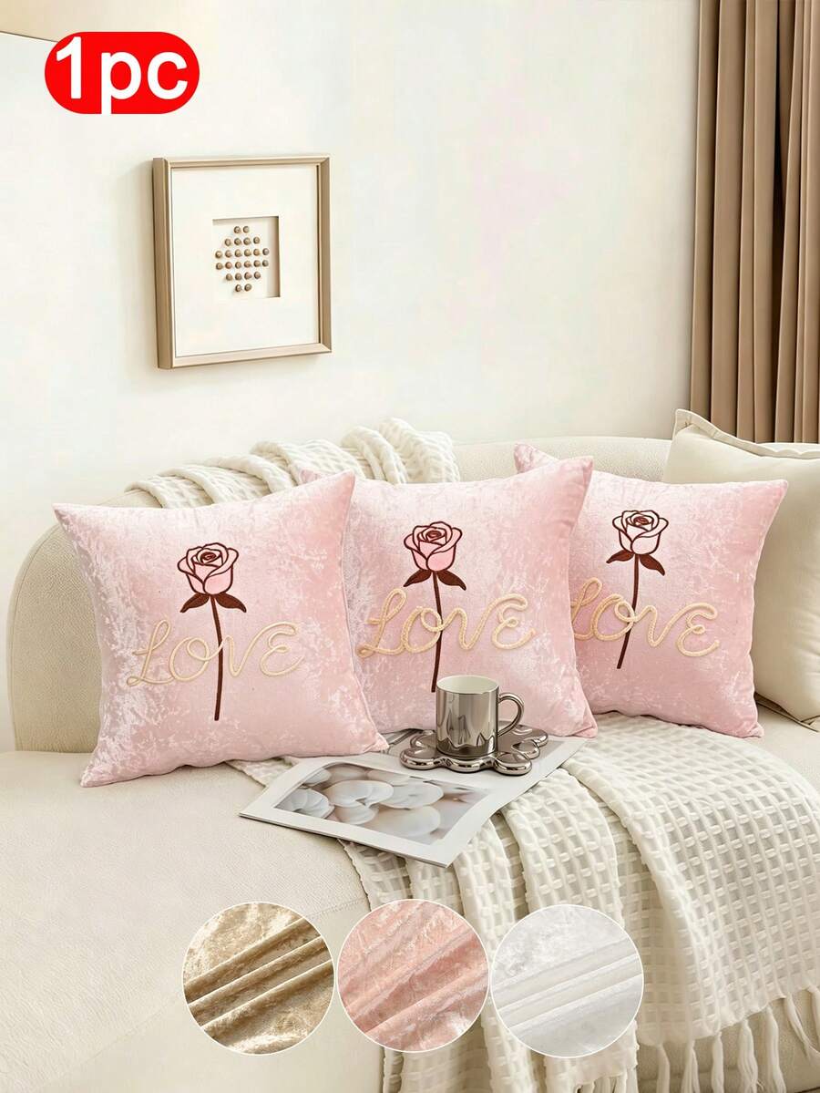 1pc Solid Color Velvet Pillow Cover, Embroidered Rose Pattern, Minimalist Plain Dust-Proof Pillow Sham, Removable & Washable, Bedroom Living Room Sofa Decor (Pillow Insert Not Included) - Pink - View 1