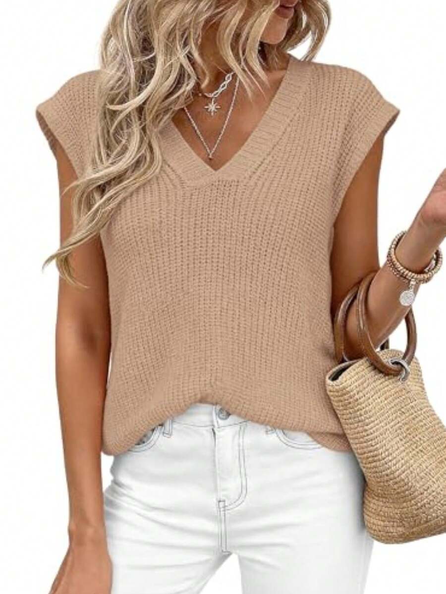 Women's Knit Sweaters Vest Lightweight Spring Cap Sleeve V Neck Tank Tops Summer Going Out Outfits - 卡其色 - 查看 1