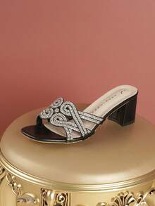Women's Solid Color Glamorous PU Leather Rhinestone High Heel Sandals, Square Toe Chunky Heel Slip-On Shoes For Party, Spring/Summer - Black - View 3