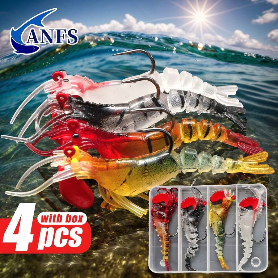 4pcs Shrimp Fishing Lure Kit -Exceptional Artificial Baits With Lure Box, Amazing Fishing Gift For Angler