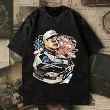 Vintage Wash Dale Earnhardts #3 American Flag NASCARs T-Shirt, Retro 90s Racer Graphic Oversized Tee, Washed Black Patriotic Streetwear Top. - 黑色 - 查看 1