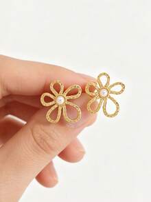 几何镂空纹理金色耳环，法式浪漫壁龛设计，不锈钢首饰，女士沙滩配饰，珍珠耳环，女士耳环套装，日常佩戴派对节日礼物 - 金色 - 查看 7