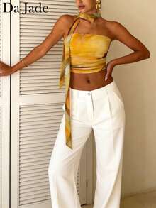 Women's Sweet Vacation Solid Orange Ombre Tie Strap Ruched Backless Cropped Camisole, Suitable For Spring/Summer Beach, Party, Date, Fashionable Sleeveless Top - Yellow - View 2