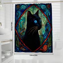 Conjunto de cortina de chuveiro multifuncional com estampa de gato preto em vitral (1 peça ou 4 peças), 12 ganchos inclusos, elegante e com toque festivo, tapete de banheiro, tapete para vaso sanitário em formato de U e tapete para vaso sanitário redondo, adequado para todos os ambientes. - Gato Preto 3 - Ver 10
