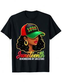 Juneteenth Celebration Portrait Graphic Tee Vintage Holiday Illustration Short Sleeve Casual Outfit - 黑色 - 查看 1