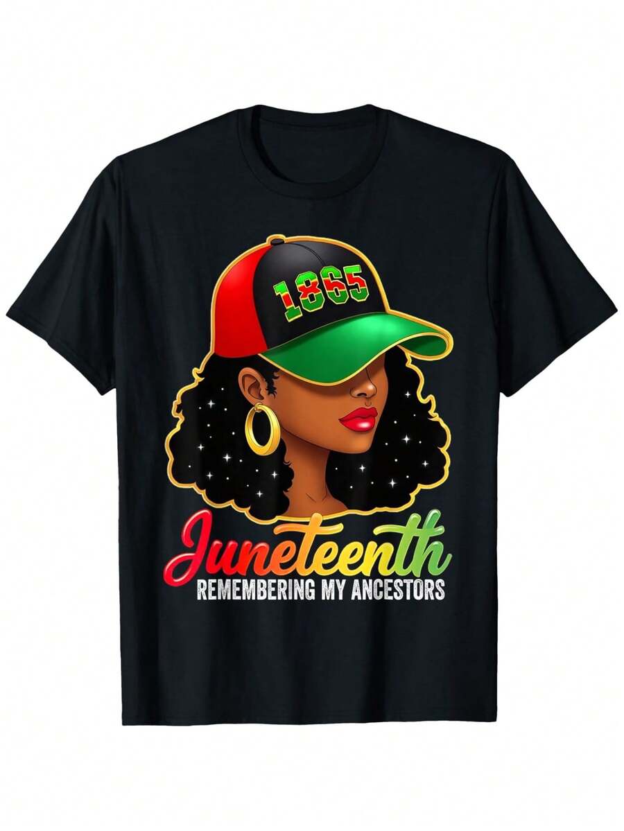 Juneteenth Celebration Portrait Graphic Tee Vintage Holiday Illustration Short Sleeve Casual Outfit - 黑色 - 查看 1