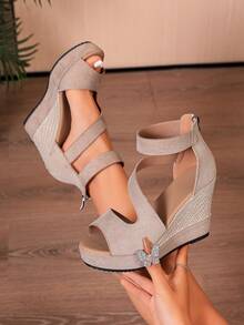 Sandales à talons compensés épais à bout ouvert  pour femmes, nouvelles pour l'été. Sandales à talons hauts à bout ouvert et fermeture éclair - Beige - Voir 7
