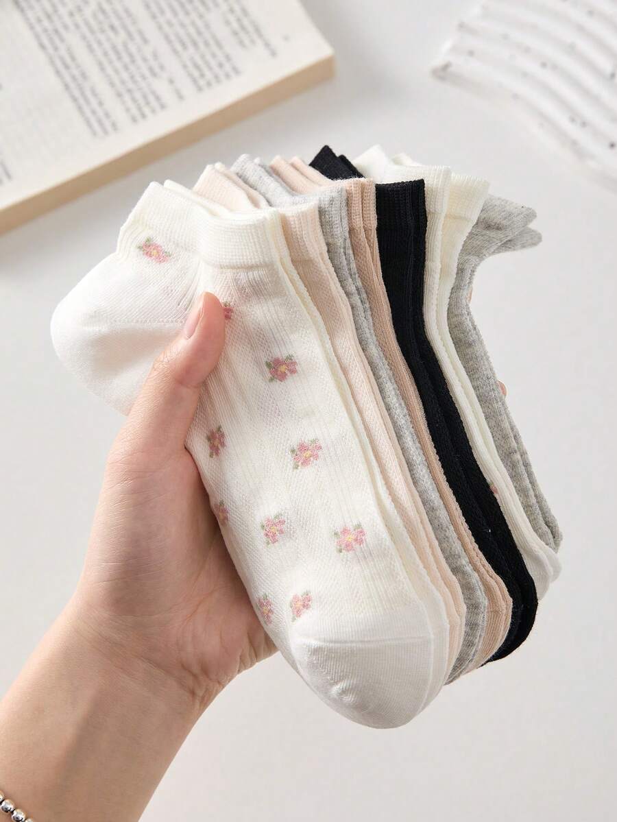 5双装轻薄透气碎花图案女士短袜,舒适吸湿,适合春夏穿着 - 彩色 - 查看 1