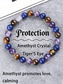 YAUKIA 1Pc Natural Amethyst Crystal&Tiger'S Eye Bracelet, Stretch Jewelry For Men And Women, Protection, Demolition Power, Ideal For Daily Wear - Multicolor - View 1