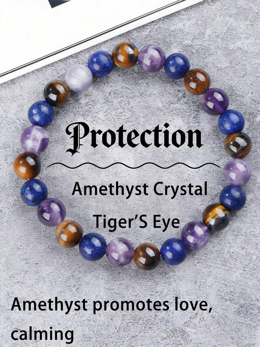 YAUKIA 1Pc Natural Amethyst Crystal&Tiger'S Eye Bracelet, Stretch Jewelry For Men And Women, Protection, Demolition Power, Ideal For Daily Wear - Multicolor - View 1