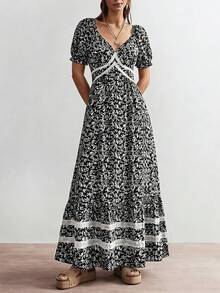 Rusttydustty Đầm nữ kiểu vintage bohemian họa tiết hoa nhí tay ngắn, thắt eo, thích hợp cho kỳ nghỉ và mặc hàng ngày, thanh lịch mùa xuân/hè. - Đen và trắng - Xem 1