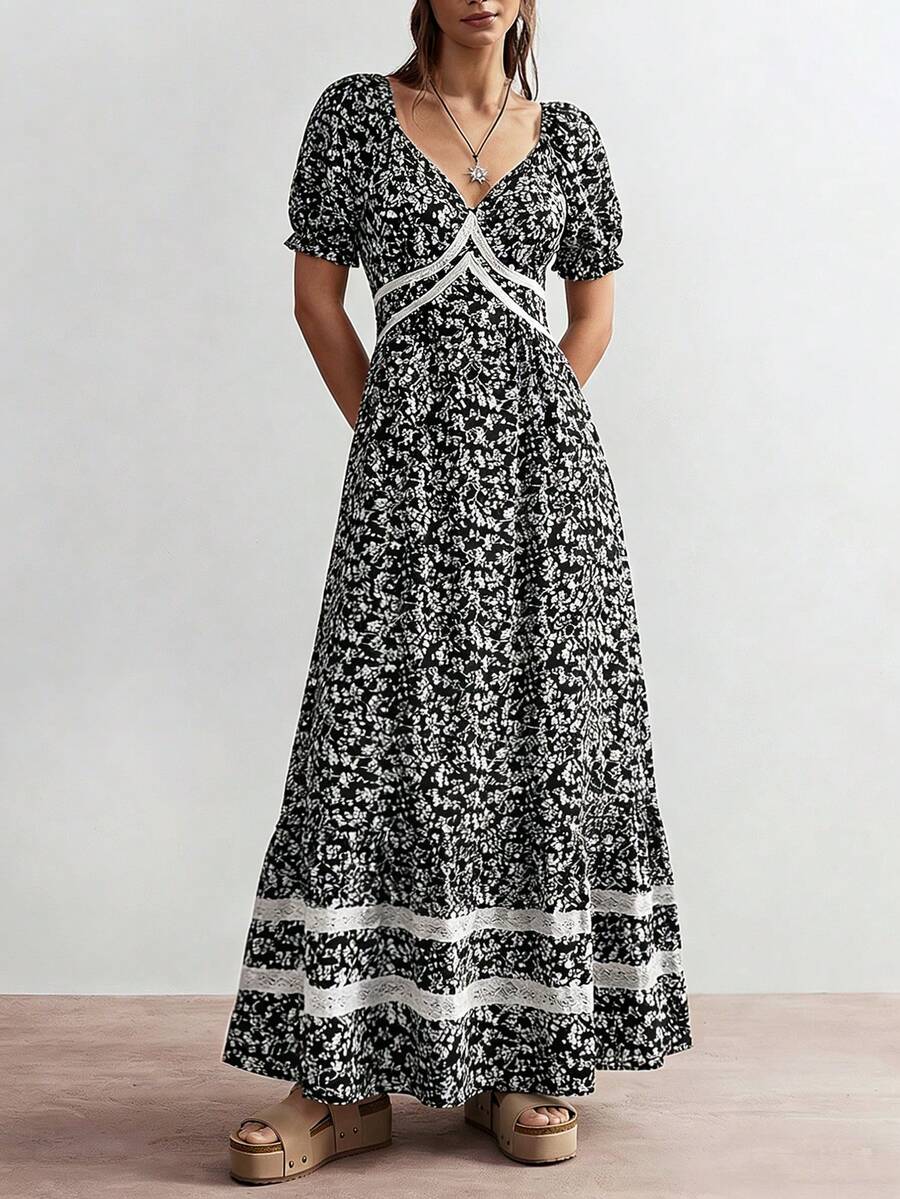 Rusttydustty Đầm nữ kiểu vintage bohemian họa tiết hoa nhí tay ngắn, thắt eo, thích hợp cho kỳ nghỉ và mặc hàng ngày, thanh lịch mùa xuân/hè. - Đen và trắng - Xem 1