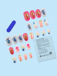 24片装粉蓝法式美甲贴片，Y2K风格，短款椭圆形时尚美甲，饰有海龟、水母和贝壳图案，可重复使用，亚克力材质，假指甲用品，附赠24片果冻贴片和迷你指甲锉。 - 彩色 - 查看 2
