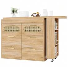 Bar Table With 6 Drawers & PE Rattan Doors, 360° Rotating Standing Table With Anti-Tip Device, Ample Storage Space, Metal Handles, Bistro Table For Living Room, Kitchen, Dining Room, Work Area - 駝色 - 查看 3