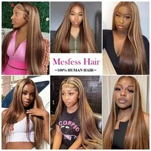 34 Inch Honey Blonde Ombre Lace Front Wig Human Hair 250 Density 13x4 HD Lace Frontal Wigs Pre Plucked Highlight Brown 4/27 Colored Straight Wigs Human Hair - S4/27 - 查看 6