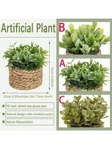 3pcs/Set Artificial Rattan Potted Plants, Seagrass Rope, 3 Identical Green Plants, Made Of PE And Polyester Fiber, Desktop Decor For School, Dorm, Office, Home, Back To School, Valentine's Day, Easter, Spring/Summer - Green - View 13