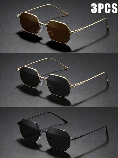 3 piezas Gafas de moda con montura metálica poligonal delgada, , estilo callejero retro, unisex