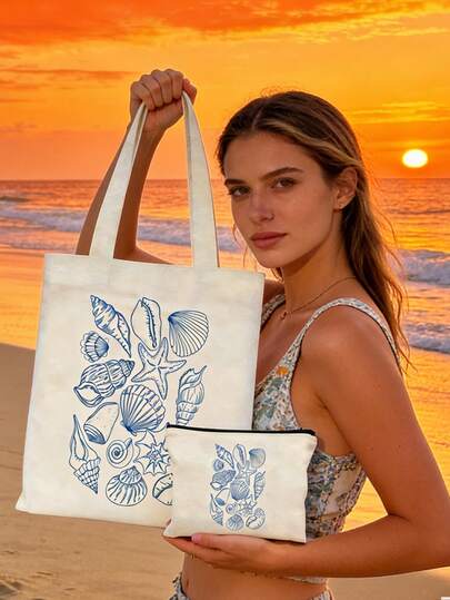 一套沙滩主题帆布手提包，饰有海星贝壳图案，大容量女士单肩手提包，便携式单肩包，多功能收纳袋，通勤购物袋，可折叠大容量休闲杂货袋，是送给海洋爱好者、朋友、女性、母亲的完美礼物，适合母亲节、教师节、开学季、生日和节假日，以及春夏季海滩度假。