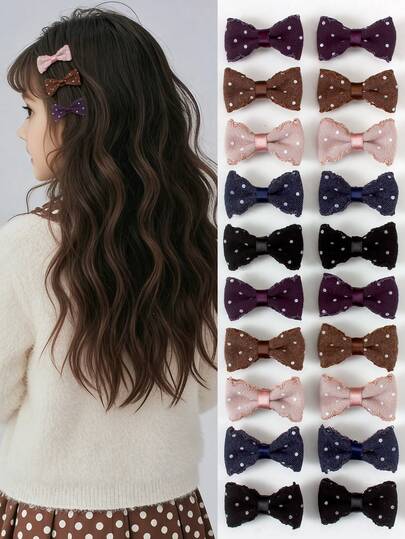 10pcs Random Polka Dot Bow Hair Clips, Cute Fabric Floral Hair Accessories, Adorable For Girls And Princess, Suitable For Daily Wear And Party