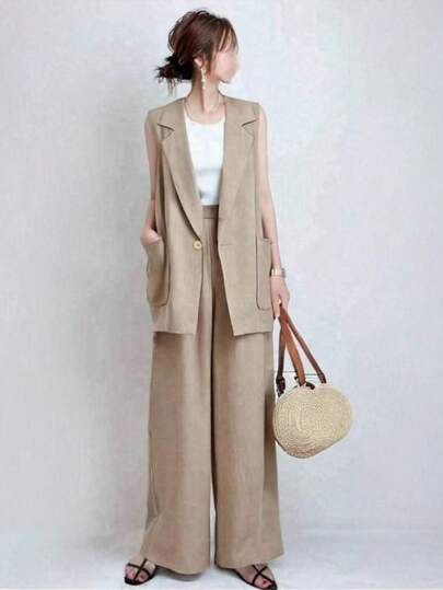 ジレ セットアップ レディース 夏 ワイドパンツ ノースリーブ 2点セット ロングパンツ きれいめ 前開き カジュアル 2点セット 着痩せ 涼しい 通勤 通学