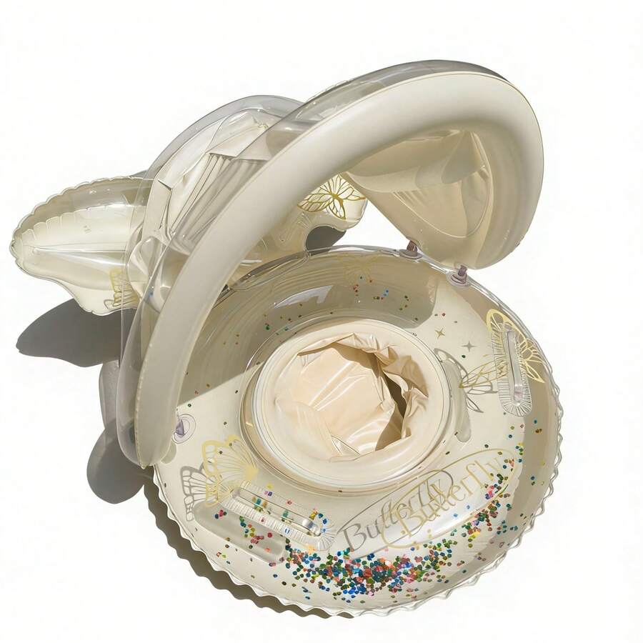 JIAJCHUF 充气弹簧游泳圈带遮阳篷，3 种款式闪光蓝色格子婴儿游泳圈座椅和臂圈，防翻婴儿游泳训练器贝壳设计，0 个月以上儿童游泳圈，夏季沙滩泳池水上玩具 - 帶蓬白蝴蝶座圈 - 查看 1