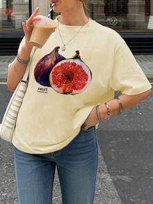 Maglietta a maniche corte con stampa di frutta in stile bohémien minimalista, oversize, casual e versatile, adatta per l'estate, viaggi all'aperto, servizi fotografici e brunch estivi e autunnali - Albicocca - Visualizzare 4